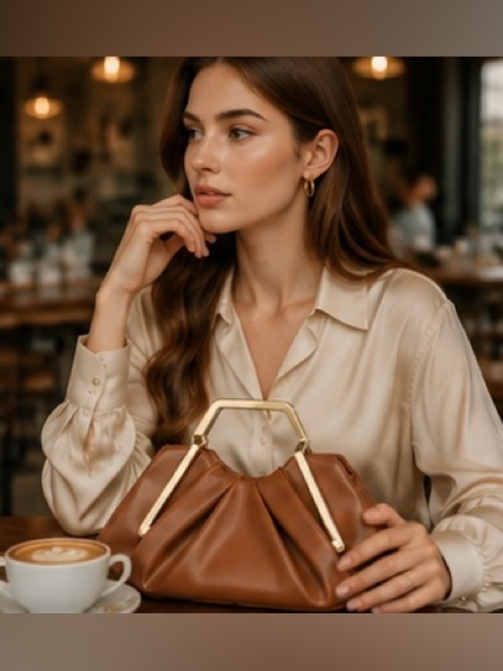 Brown Ruched Top Handle Clutch | Gold Handle Evening Handbag | Designer Inspired